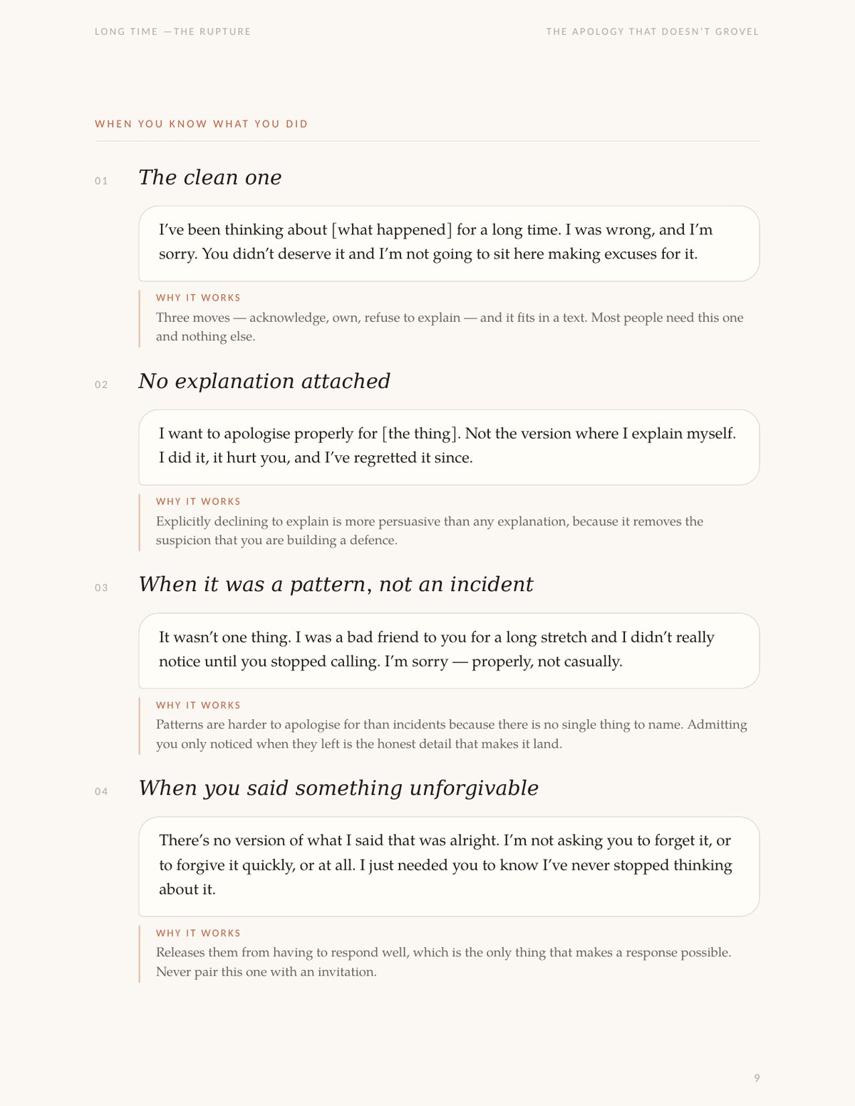 A page of four apology scripts for when you know what you did, each followed by why it works.