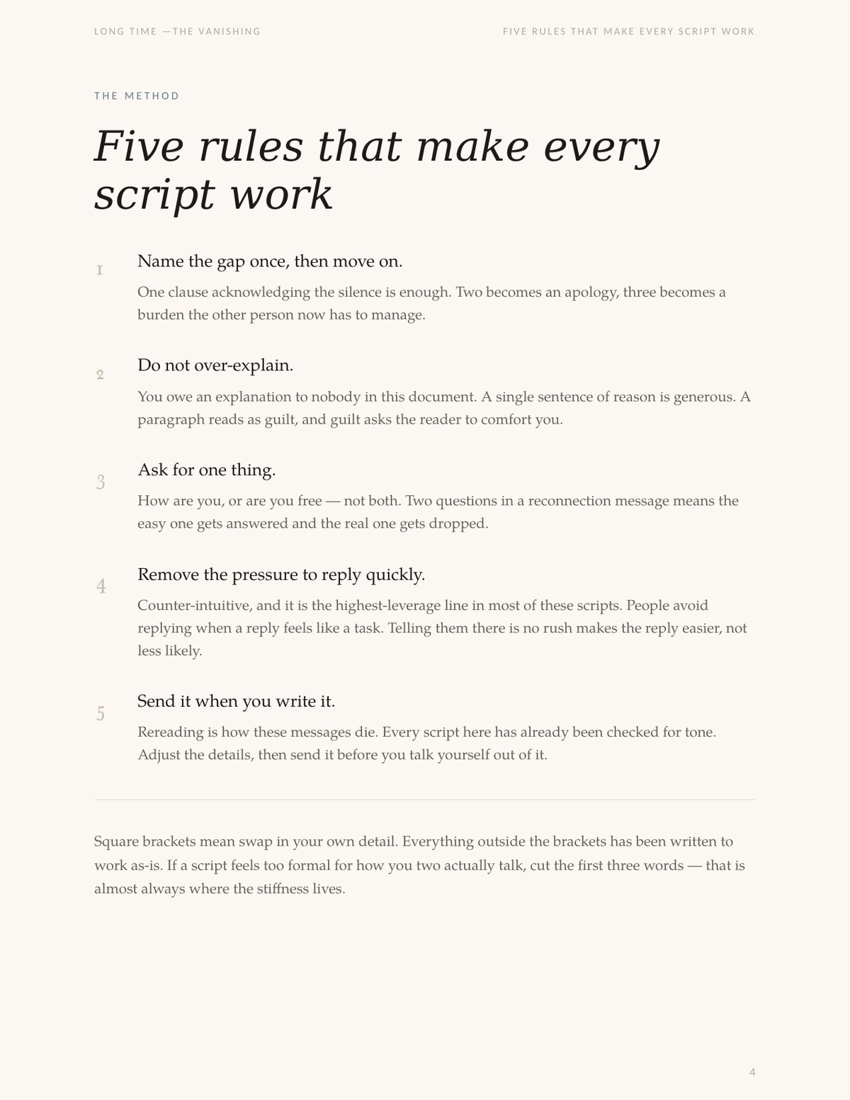A book page listing five numbered rules that make every reconnection script work.