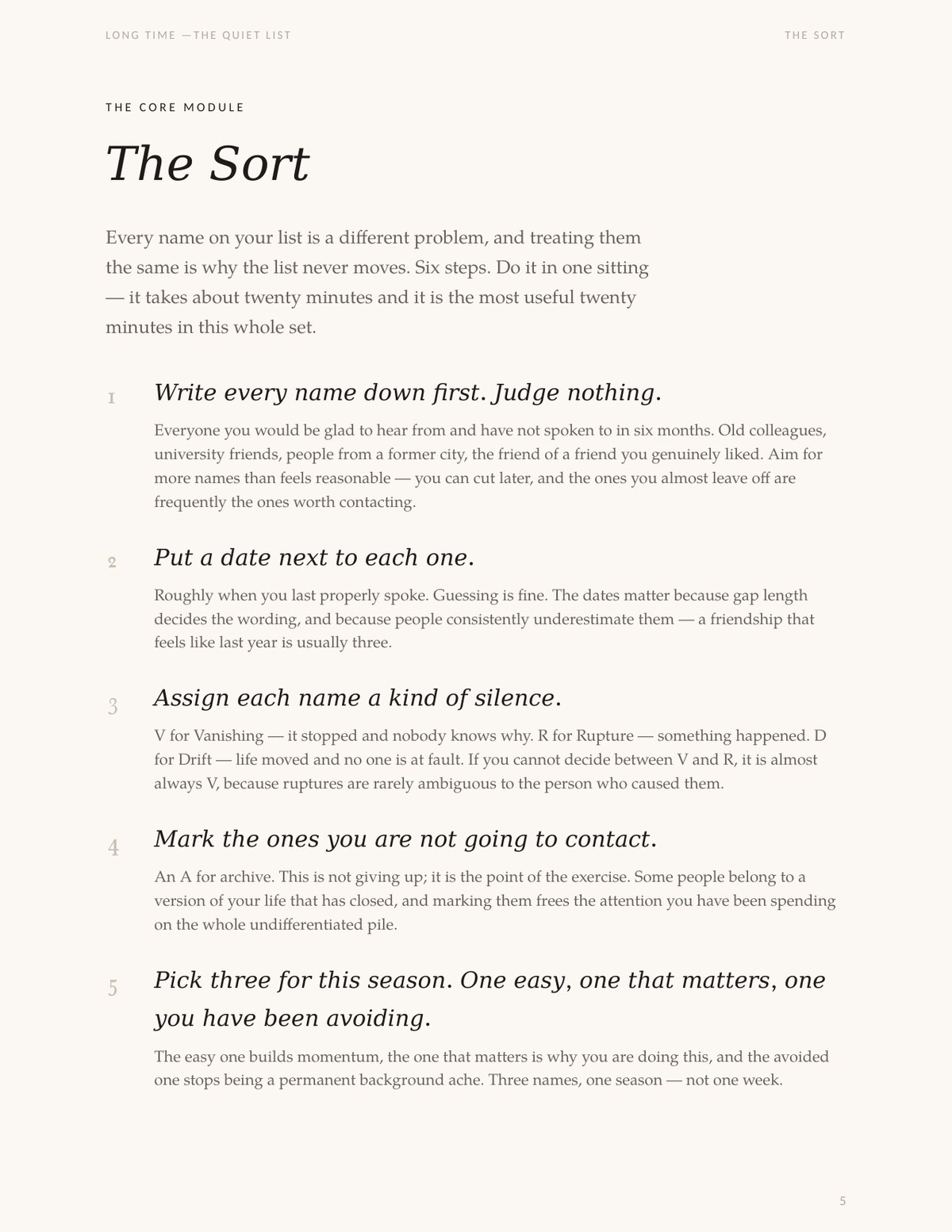 A page titled “The Sort” describing steps for sorting every name on your list by kind of silence.