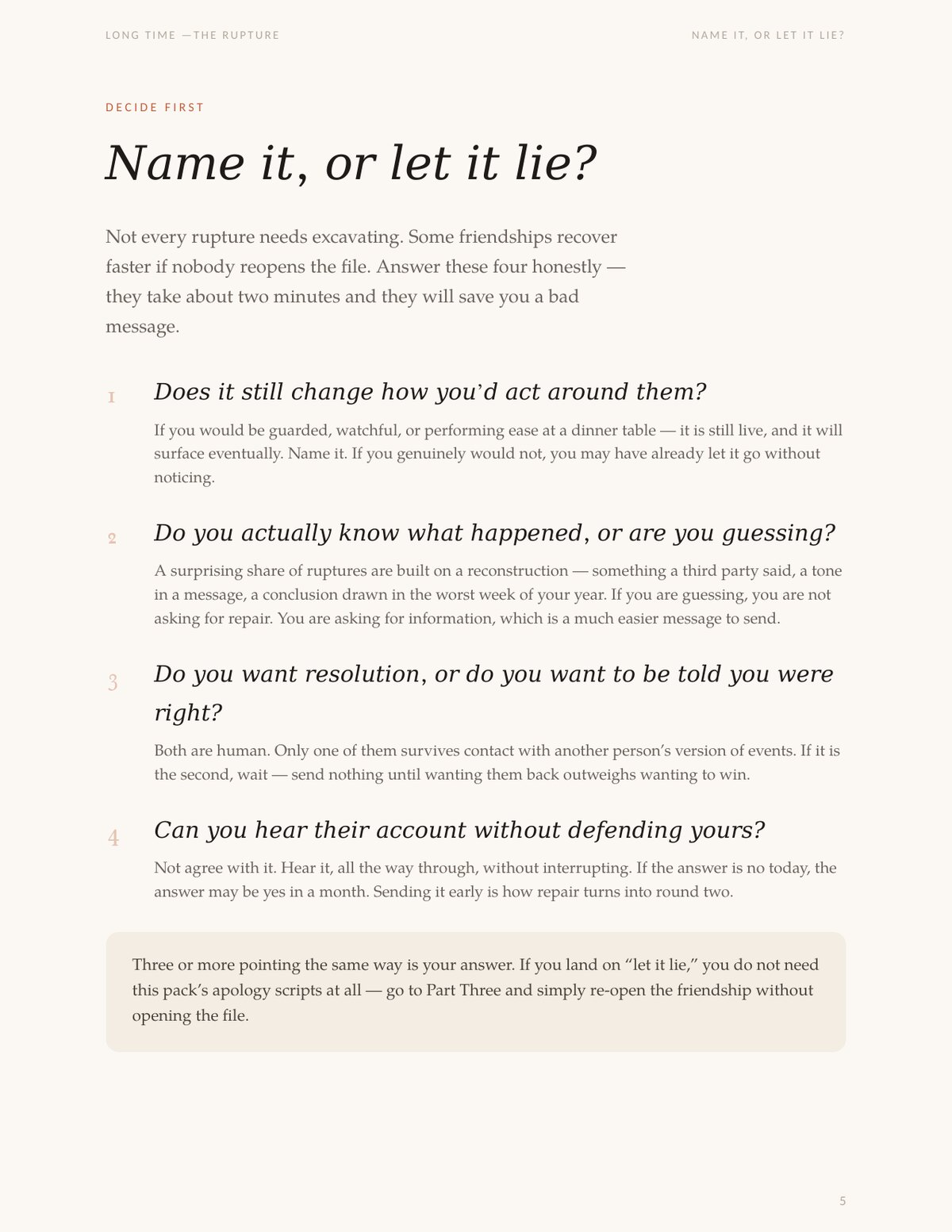 A page titled “Name it, or let it lie?” with four numbered questions to answer before addressing a falling-out.