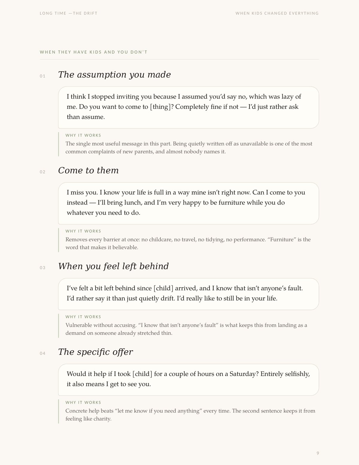 A page of scripts for reaching a friend who has kids when you don’t.