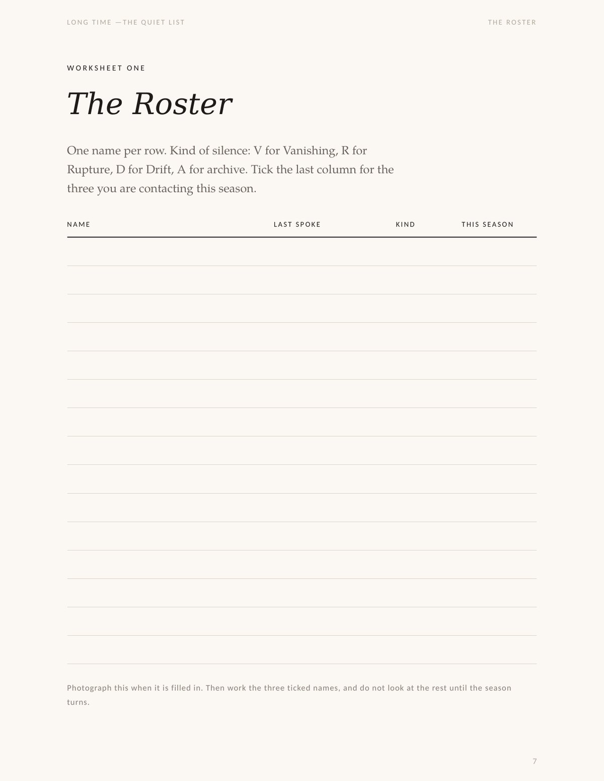 A blank worksheet called “The Roster” with columns for name, last spoke, kind, and this season.