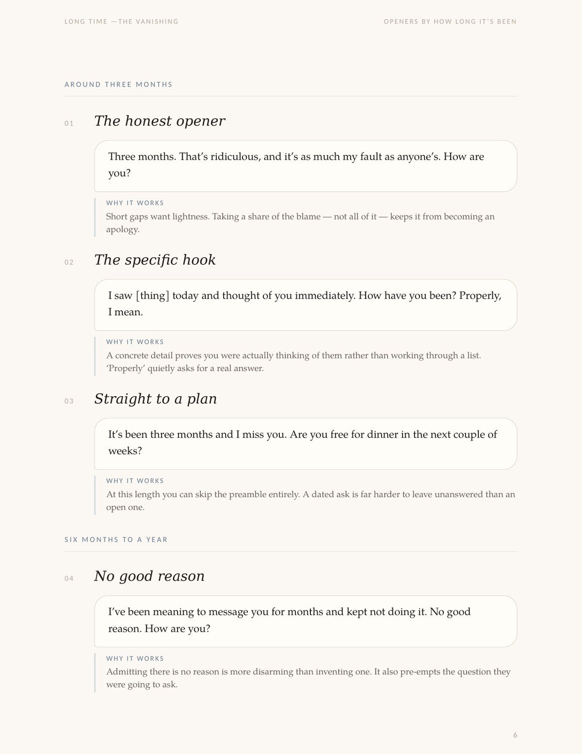 A page of reconnection scripts sorted by how long it has been, each with a note on why it works.